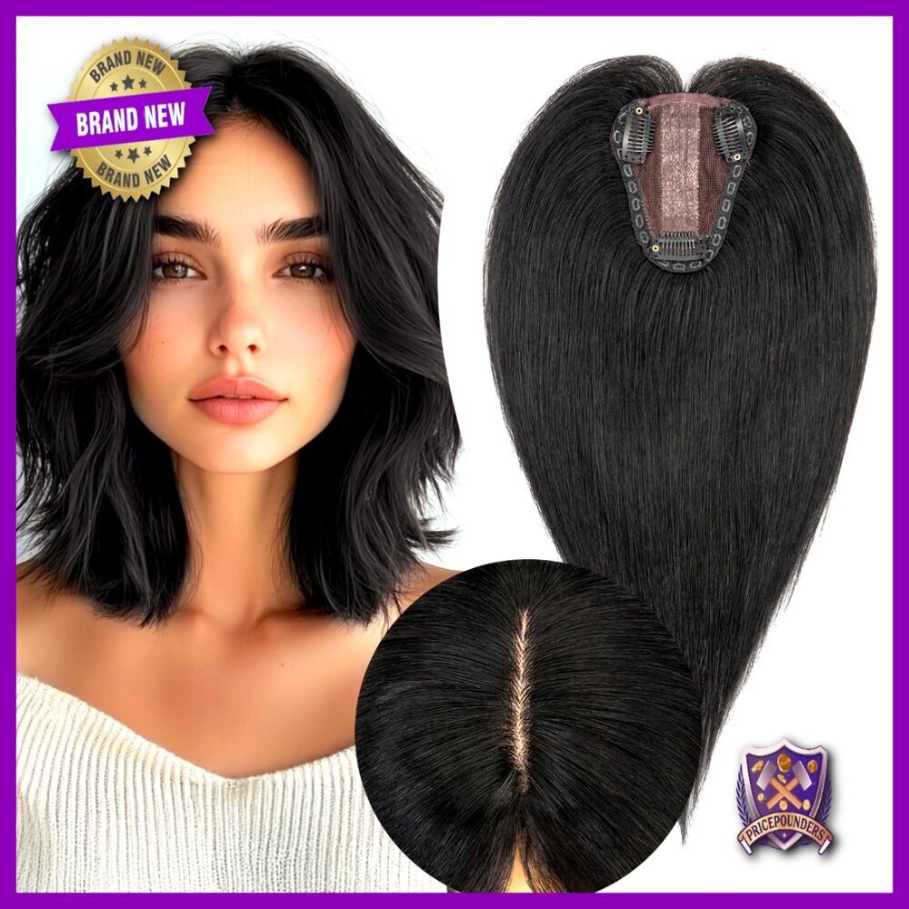 Human Hair Topper Realistic Scalp Silk Base Clip In 14 Inch No Bangs